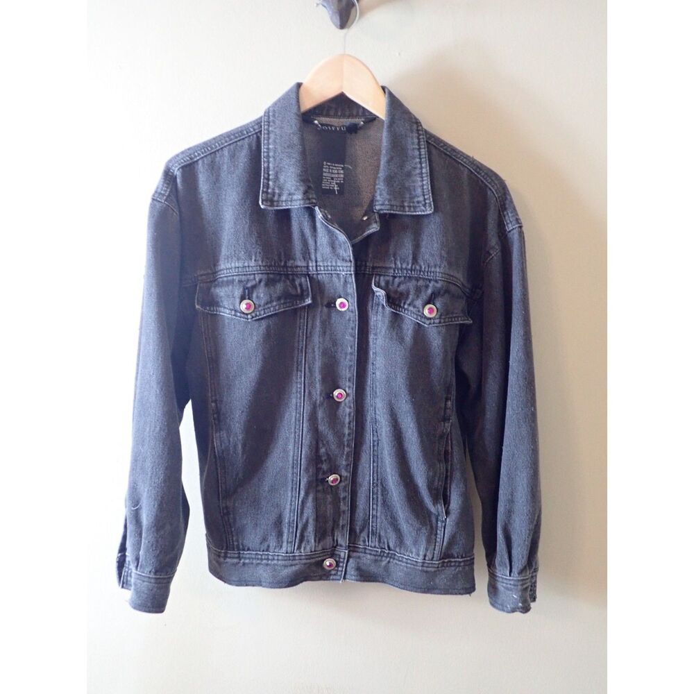 IB Diffusion Black Denim Jacket Jeweled Buttons Size 4 90s Vintage Distressed